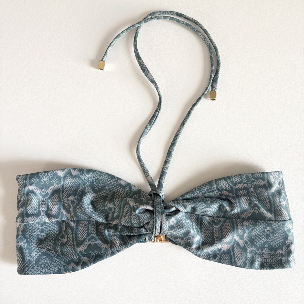 Suboo Womens Teal Snakeskin Print Gold Hardware Bandeau Halter Bikini Swim Top L